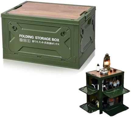 Zunate Folding Storage Camping Box with Wood Lid, 50L Storage Bin, Collapsible Closet Organizers and Storage Container, Trunk Organizer for Outdoor Picnic, Camping, Car, Celadon Green (OD Green)