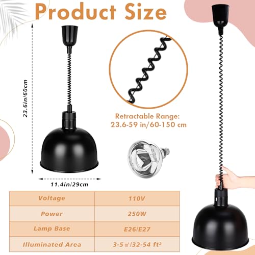 Nuanchu 2 Pack Hanging Food Heat Lamp Retractable with 250w Heating Bulb Commercial Infrared Food Service Warmer Fry Heating Light for Buffet Restaurant Kitchen Use(Black,Dia 29cm) - Thumbnail 2