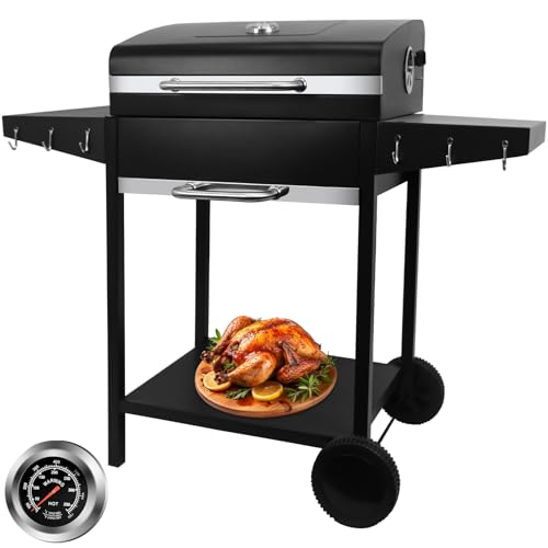 kisidus Barbacoa de carbón vegetal con tapa y termómetro, parrilla de carbón vegetal para camping con ruedas, barbacoa móvil de carbón grande para jardín y eventos al aire libre, color negro