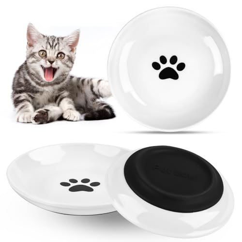 Ceramic Cat Bowl, Set of 3, Cat Bowl Set, Bowl with Non-Slip Rubber Base, Relieves Whisker Fatigue
