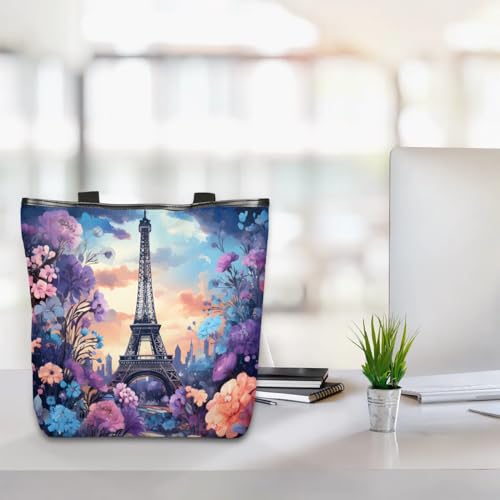 Paris Tower Flower Canvas Tote Bag for Women Large Tote Bag with Zipper & Pockets Canvas Beach Bag Shoulder Bag Reusable Shopping Bags Cute Tote Bags for Work Travel 6