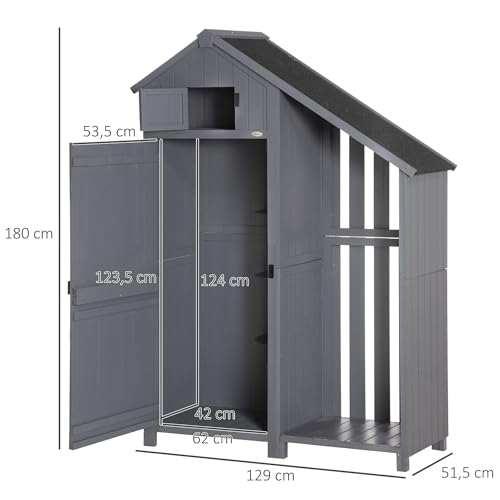 Outsunny Gartenschrank Holz Geräteschrank Gartenhaus mit Giebeldach Holzhütte Geräteschuppen 129 x 51,5 x 180 cm Grau+Schwarz