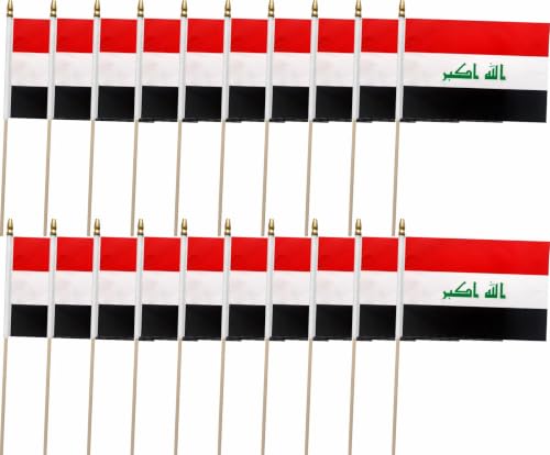 20 Pack Small Iraq Flag Mini Iraqi Flags on Stick Handheld Flags with 12.6inch Wooden Poles for National Day World Cup Sports Events Party Decorations (58 Inches)