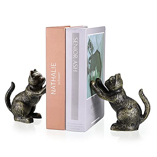 OGANAZI 2 Pack Cat Decorative Bookends for Shelf - Cast Iron Book Ends Cute Dog Bookend Support for Home Decor Heavy Duty Book Stands Vintage Antique Shelf Decor for Reading Enthusiasts or Cat Lovers