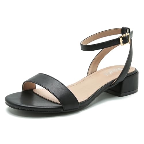 Image of Women's Ankle Strap Sandals, Low Block Heel, Open Toe Summer Dress Shoes with Buckle Closure