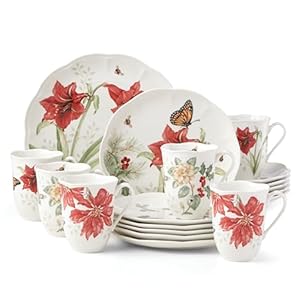 Lenox butterfly meadow 18pc holiday dinnerware set 2090 lb red green  urban country home decor