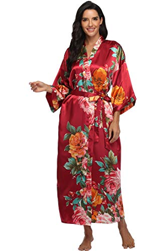 Image of Women Silk Kimono Robe Long Floral Bridesmaids Robes Satin | Wedding Party Bridal Getting Ready Robe Lightweight Dressing Gown Loungewear Sleepwear