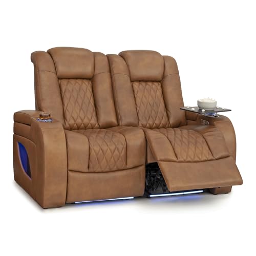 Image of Seatcraft Virtuoso LT Tawny Italian Leather Home Theater Seating, Zero Gravity Power Recliner, Powered Headrest and Lumbar Gaming and Home Office Chair Heat and Massage Lounge Sofa, Row of 2 Loveseats