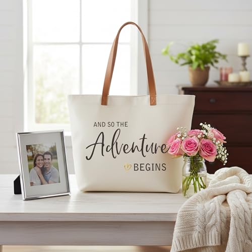 Image of ELEGANTPARK Bridal Shower Gifts for Bride to Be Gifts Engagement Bachelorette Wedding Party Retirement Graduation Present So The Adventure Begins Canvas Tote Bag with Zipper and Pocket