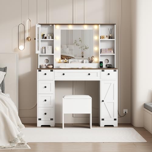GarveeHome Makeup Vanity and Stool, Vanity Desk with Lights, White Vanity Table with Charging Station, 6 Drawers and Cabinets