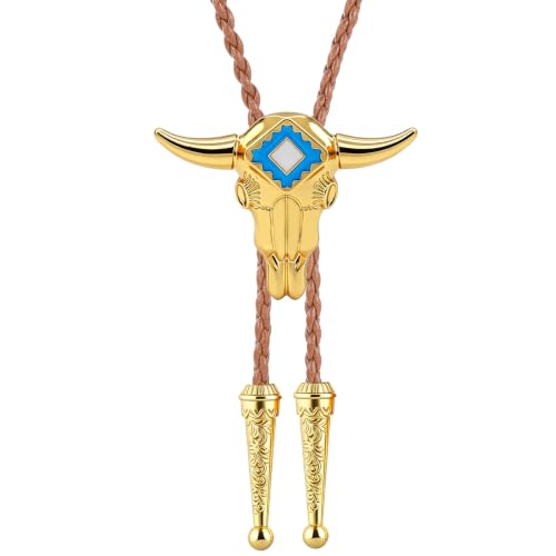 Image of GelConnie Gold Longhorn Bolo Tie for Men & Women Western Cowboy Tie Style | Bolo Tie for Men with Gold Longhorn Skull Blue Enamel, Adjustable Cowboy Ties for Men and Western Tie Dress Shirt Outfit
