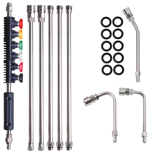 LIULO TOOL 9 Pack Pressure Washer Extension Wand Stainless Steel Power Washer Lance with 6 Nozzle Tips for Gutter Cleaning 3 Gutter Cleaner Attachments Curved Rod 1/4 inch Quick Connect 4000 PSI