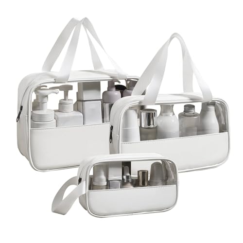 Fyriswho Bolsas Neceser Transparente 3 Piezas, Neceser de Aseo,Bolsa de Cosméticos Impermeable con Cremallera,Bolsa TSA Avion Maquillaje para Mujeres Viajes, Vuelo, Baño (Blanco)