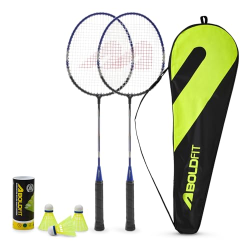 Image of Boldfit Badminton Rackets Aluminium Badminton Racket with Full Cover Bag Standard Shuttle Bat Match Shuttle Bats Lightweight Badminton Shuttle Bat Thunderbolt - Blue Set