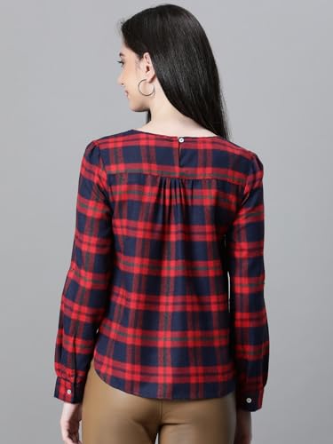 Image of oxolloxo Women Cotton Casual Tops | Regular Fit Checked Checked Round Neck |Regular Tops for Women |Navy Blue