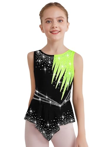 Alvivi Vestido de Patinaje Artístico para Niña Maillot Gimnasia de sin Mangas con Pedrería Multicolor Body de Danza Brillante Maillot de Bailarina Ballet Amarillo Fluorescente 5 6 años