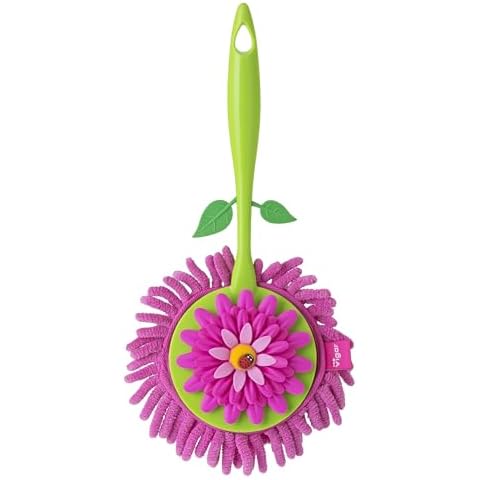 Vigar Flower Power Microfiber Duster with Comfortable Non-Slip Handle, Detachable Washable Duster Head, Green and Pink Cover