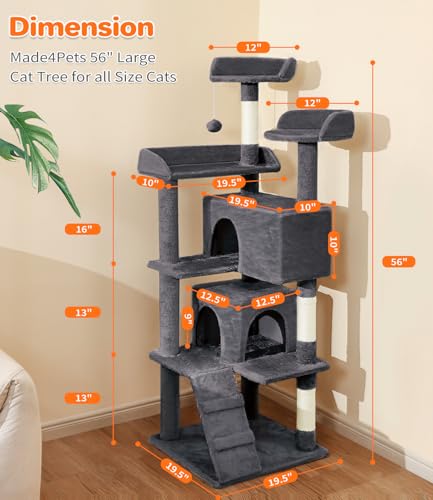 Made4Pets Cat Tree 54in Cat Tower for Indoor Cats Kitten Tree Multi-Level Cat Tree with 2 Condo Furniture Activity Center with Scratching Posts Funny Toys Kittens Pet Play House, Dark Grey