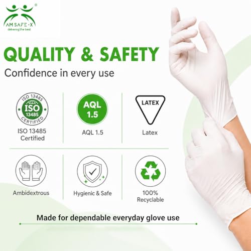Image of AM Safe White Latex Disposable Gloves | Powdered | Food Handling | Multipurpose Gloves for Kitchen, Cleaning, Cooking, Housekeeping & Household Use | 80 Pcs | Large