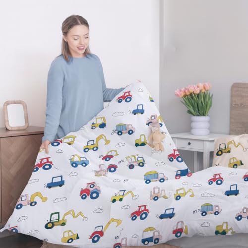 Image of Anjali Overseas 200 GSM 400 TC Kids Glace Cotton Reversible Cartoon Printed Double Bed King Size Comforter with Matching Bedsheet 90 * 100 with 2 Pillow Covers Set of 4 Pieces. Truck