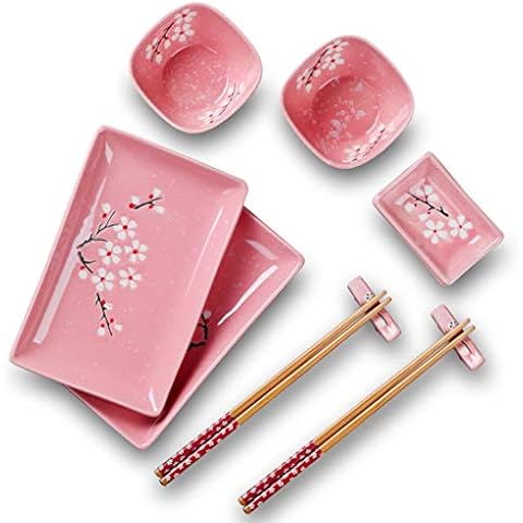 Panbado 10 pcs Sushi Plate Set, Porcelain Sushi Sets Japanese Style, Gift Box Include 2 X Sushi Plates, 2 X Bowls, 2 X Dip Bowls, 2 X Chopstick Rest, 2 Pairs of Bamboo Chopsticks. Pink Cover