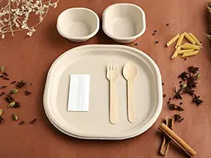 VIK Sugarcane Bagasse Disposable 10 Inch Plates (100), 180 ML Bowls (100), 250 ML Bowls (100), Spoons (100), Forks (100), Napkin (100), Party Disposal Thali Brown