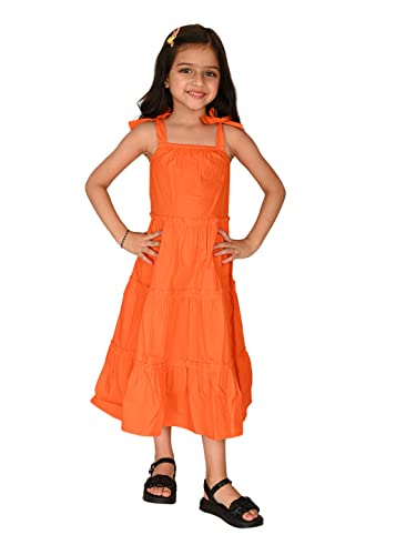 Image of LILPICKS Girls Solid Tie Up Shoulder Straps Sleeveless Fit n Flare Dress (Orange)
