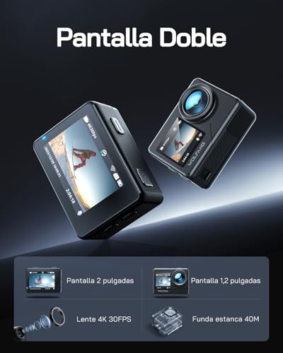 WOLFANG Cámara Deportiva GA120 4K 30FPS, 20MP Doble Pantalla Videocámara,Cámara SubacuáTica Buceo 40m,170° Gran Angular con EIS,Micrófono Dual, Control Remoto,2 Baterías,Multi Accesorios - imagen 2