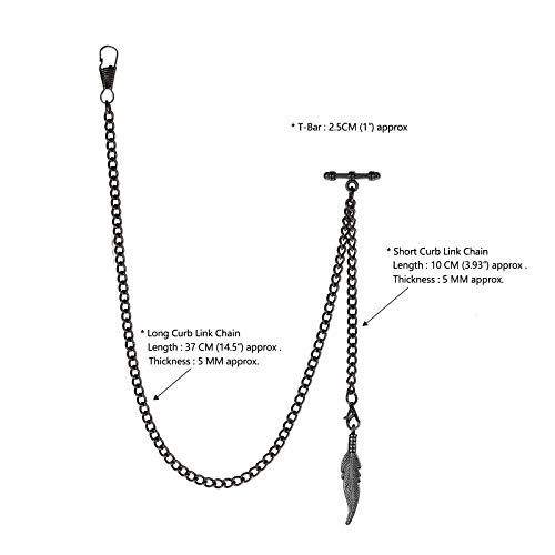 Treeweto Men's Albert Chain Pocket Watch Curb Link Key Chain 2 Hooks With Antique Black Leaf Pendant Design Charm Fob T Bar #TOP3