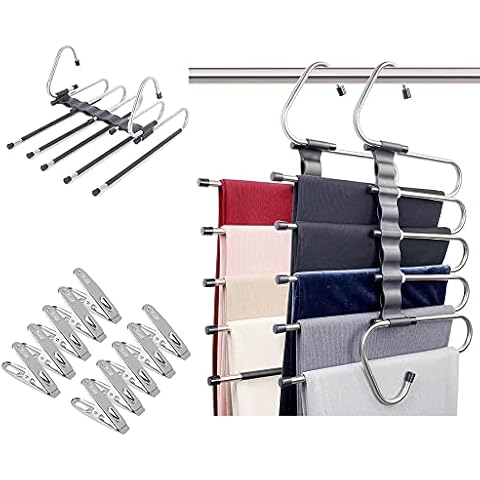 Baoswi Magic Pants Hangers Space Saving, 2 Pack for Closet Multiple Layers, Multifunctional Uses Rack Organizer for Trousers Scarves Slack (2 Pack with 10 Metal Clips) Cover