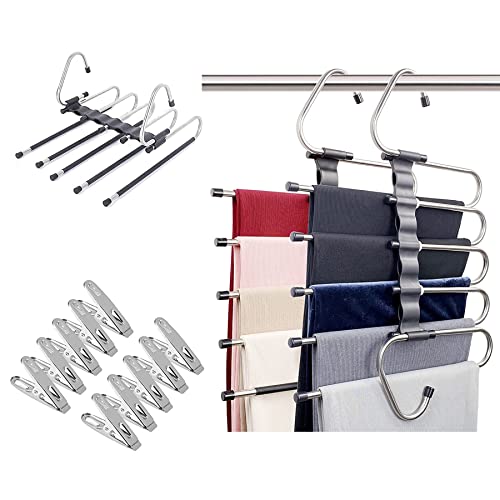 Baoswi Perchas mágicas para pantalones que ahorran espacio, paquete de 2 para armario de múltiples capas, organizador multifuncional para pantalones, bufandas (2 paquetes con 10 clips de metal) Cover
