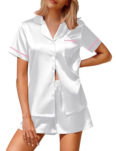 Image of Ekouaer Silk Satin Pajamas 2 Piece Pajamas for Women Set Button Down PJ Short Sleeve and Shorts Pjs Lounge Sets
