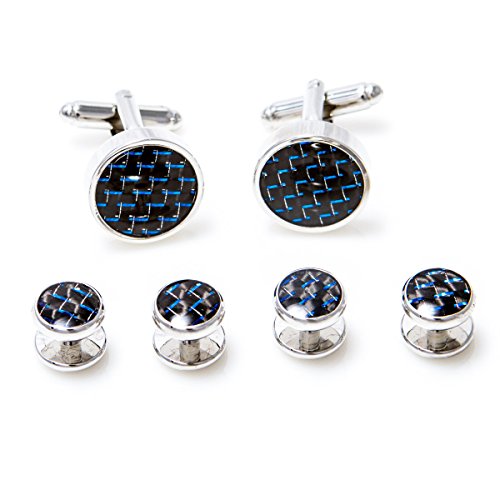 MRCUFF Carbon Fiber Blue Pattern Tuxedo Cufflinks and Studs Set in a Presentation Gift Box & Polishing Cloth