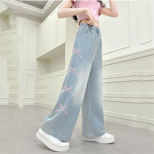 Bow Jeans for Girls Kids Cute High Waisted Wide Leg Baggy Denim Pants Casual Y2K Trousers with Pockets Streetwear3
