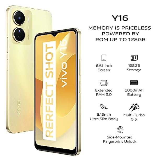 vivo Y16 Smartphone Libre, 4 GB de RAM 128 GB de ROM, batería de 5000 mAh, teléfono con Android 12, Gran Pantalla HD de 6,51 Pulgadas, cámara Dual de 13 MP, Doble SIM, Doble Modo de Espera
