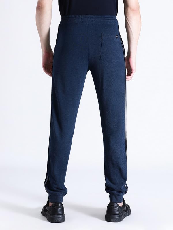 Image of CROCODILE Men Solid French Terry Joggers | Classic Fit | Mid Rise | Drawstring Closure | Ankle Length | Casual Wear Navy Melange