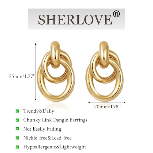 Image of SHERLOVE Trendy Gold Plated Knot Earrings for Women Chunky Statement Drop Dangle Earrings Lightweight Hypoallergenic Fashion Accessories Gold Jewelry Gifts for Womens