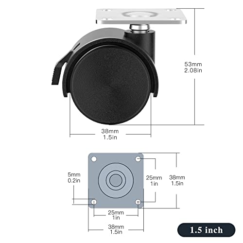 Roues de 1,5 pouce, Ensemble de 4 Roulettes en Plastique pour Meubles, Roulettes Pivotantes à Plaque avec Freins, Roues de Remplacement pour Cabinet de Fichiers (4 Paquet Noir)