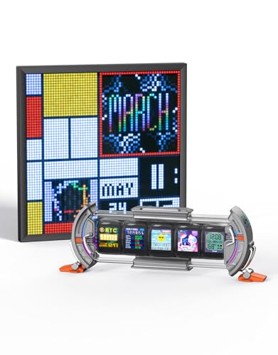 Image of Divoom Times Gate Silver+Pixoo 64，RGB LED Display, Pixel Cyberpunk Gaming Setup Digital Clock with Smart APP Control, and 64x64 LED Panel Display Frame for Home Decor /Social Media Fans Counter