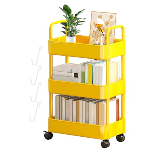Hodfid Storage Trolley on Wheels | 3/4 Tier Rolling Trolley | Movable Bookshelf Storage Rack with Hooks | Multifunctional Room Decor Storage Organiser Trolley for Kitchen, Bedroom Accessories
