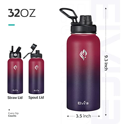 Elvira 32Oz Vacuum Insulated Stainless Steel Water Bottle With Straw & Spout Lids, Double Wall Sweat-Proof Bpa Free To Keep Beverages Cold For 24Hrs Or Hot For 12Hrs-Wine Red/Violet Gradient #TOP1