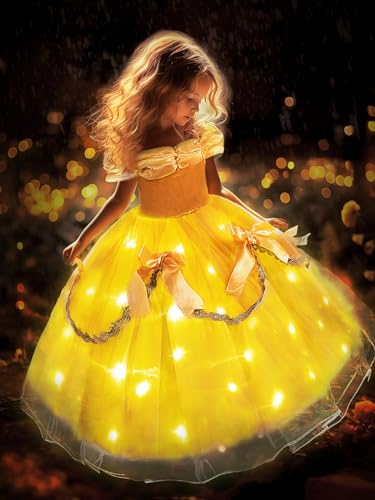 UPORPOR Princess Dress, Light Up Girls Halloween Costume for Toddler Kid Fairy Dress Up Clothes for Birthday Party, Yellow