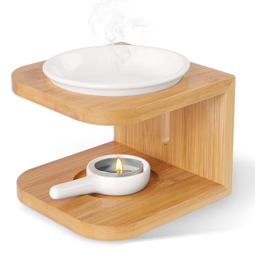 Quemador de Cera de cerámica de bambú,Burner de Aceite Esencial de cerámica de bambú,Quemador de Aceite Esencial, humidificador de Yoga, con portavelas