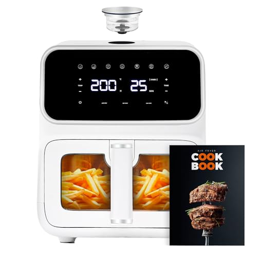 6L Air Fryer with Mist Roast, Juicy & Tender Tech，7 Presets, white AirFryer with window, Non-Stick, Shake Reminder(Auto)，Delay start，Large Digital LED Touchscreen，Energy- Saving, Dishwasher-Safe