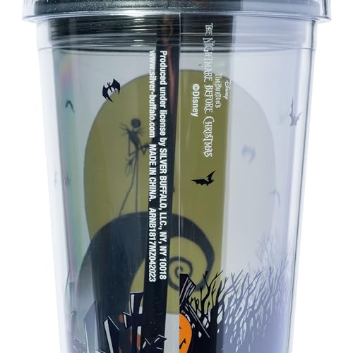 Image of Silver Buffalo Disney Nightmare Before Christmas, Travel Tumbler, 24oz | Tim Burton, Jack Skellington, Sally and Zero, Glitter Finish, Moon Scene, Dome, Top, 0.71 Liters