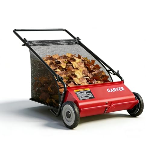 Garvee Push Lawn Sweeper,21-Inch Width Enhanced 4-Brush System with Large 3.5 cu. ft. Hopper Bag, Ideal for Yard and Garden Cleanup, Red