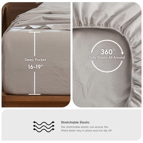 Image of MooMee Sheet Set 100% Washed Cotton Linen-Like Extra Deep Pocket King | Relaxed Linen-like Texture. Soft, Breathable & Lightweight Comfort. 15-19 inch Extra Deep Pocket with All-around Elastic
