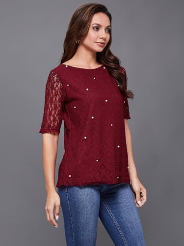 Image of Miss Chase Women's Round Neck Half Sleeves Cotton Lace and Pearl Detailing