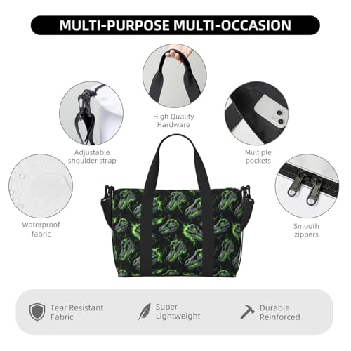 Travel Duffle Bags For Women Men - Green Dinosaur Skulls Print Personal Item Weekender Overnight Gym Carry On Airport Tote Bag With Strap For Yoga, Travel, Business Trips3