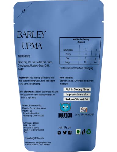Image of BOGATCHI Barley UPMA - Ready to Cook AUTHENTIC Millet UPMA snacks - 200 g, Ready to Eat Meal and Tasty Instant Meal, 100% Natural Ingredients, No Preservatives, No Artificial Colours & Flavours